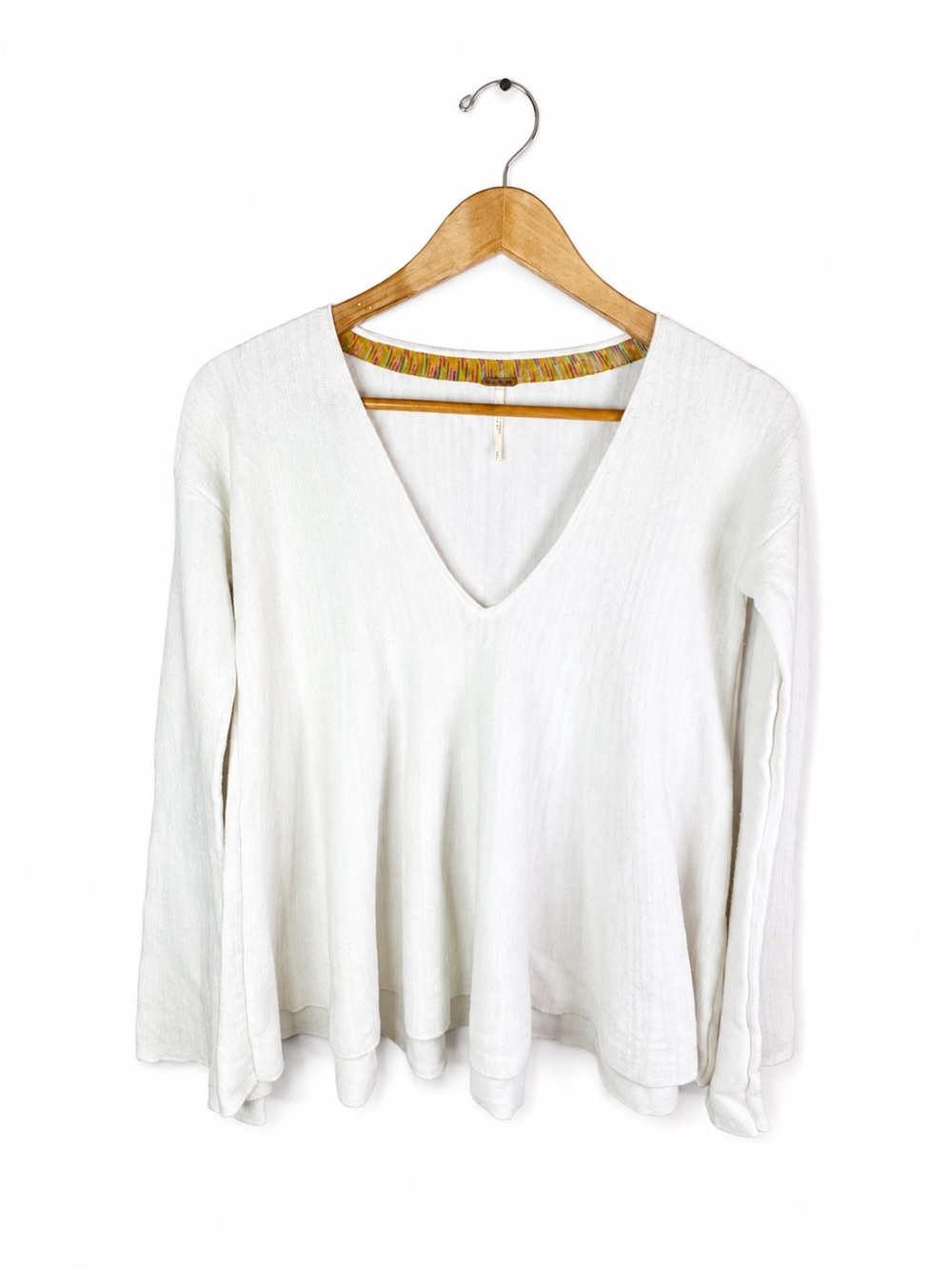 Free People White Linen Blend Bell Sleeve Swing Top S Boho - Picture 2 of 7